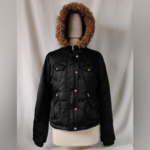 Women's Guess Black & Gold Winter Puffer Coat Hooded Jacket with Faux Fur Trim
